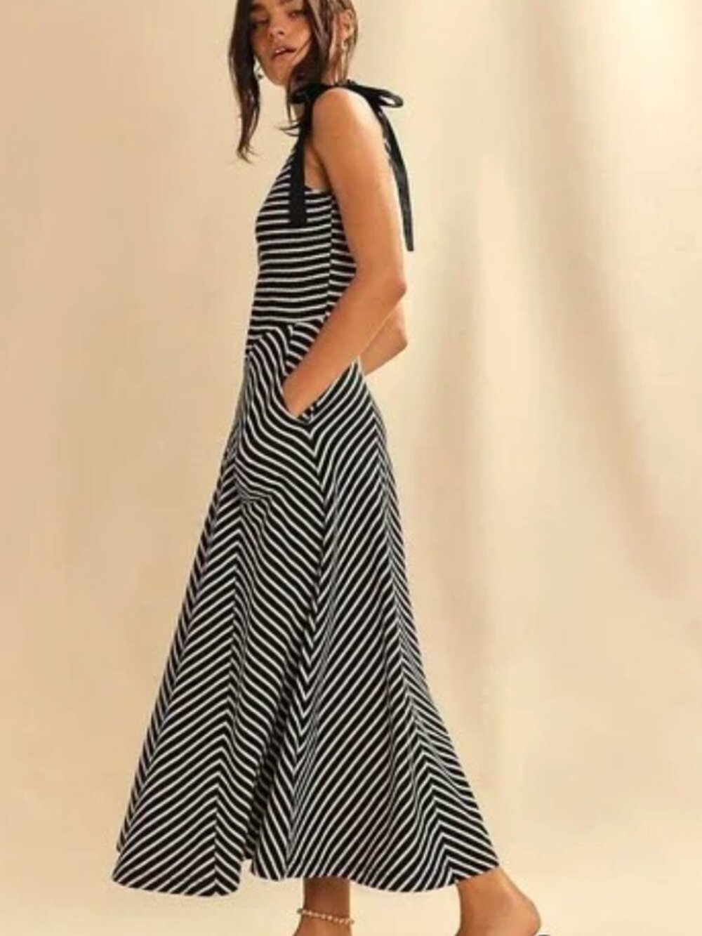 Free People Free-est Cecilia Midi Dress NWT M Black White Stripe Tie Strap Coast - Picture 7 of 12
